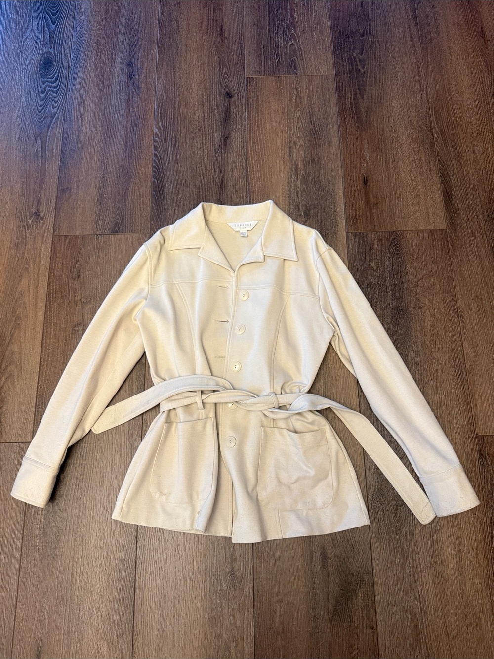 Express Cream Button-Front Belted Trench Jacket